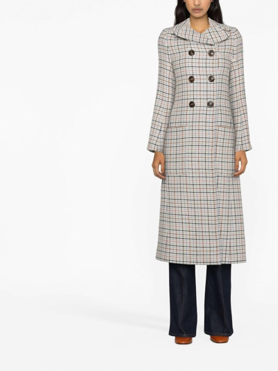 Shop See By Chloé Double Breasted Long Wool Coat In Milk Plaid In Beige