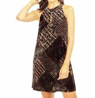 Shop Veronica M Velvet Halter Keyhole Dress In Black Multi In Brown