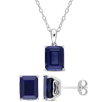 Mimi & Max 8 4/5 Ct Tgw Emerald-cut And Octagon Created Blue Sapphire 2-piece Solitaire Pendant With Chain And In Blue