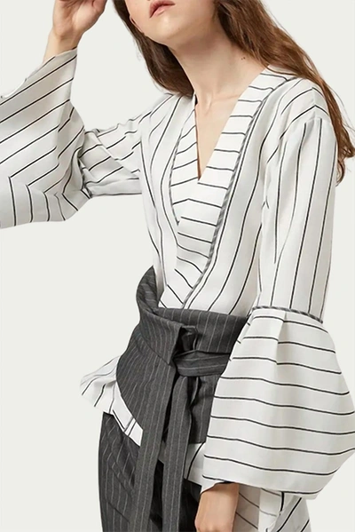 Fangyan Ronnie Pinstripe Wrap Blouse In White/grey In White