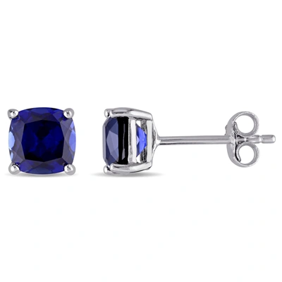 Mimi & Max 2 1/2 Ct Tgw Cushion Cut Created Blue Sapphire Stud Earrings In Sterling Silver In Blue