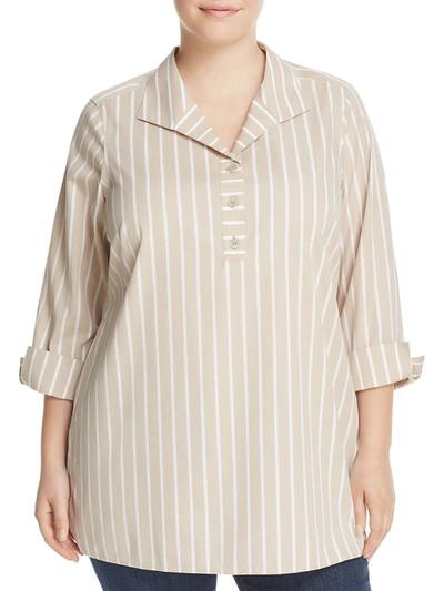 Shop Foxcroft Nyc Plus Womens Striped Collared Tunic Top In Beige