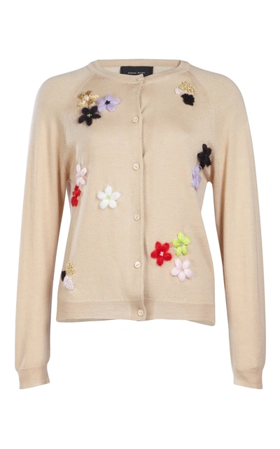 Simone Rocha Merino Wool-silk-cashmere Cardigan With Floral Appliqué In Camel
