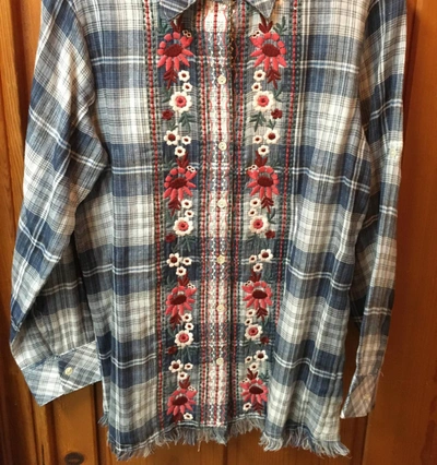 Shop Avani Del Amour Plaid And Floral Embroidery Shirt In Blue