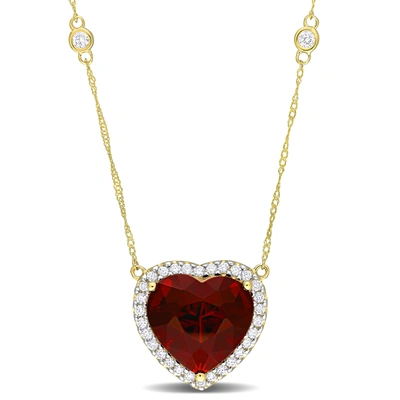 Mimi & Max 10 1/3ct Tgw Heart-cut Garnet And 3/8ct Tdw Diamond Halo Necklace In 14k Yellow Gold In Red
