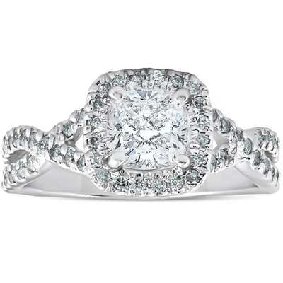 Shop Pompeii3 1 1/2 Ct Cushion Diamond Halo Twisted Band Engagement Ring 14k White Gold In Multi