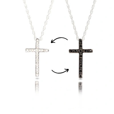 Max + Stone Sterling Silver Diamond Reversible White & Black Diamond Cross Necklace With Adjustable 18" Or 20" R In Black