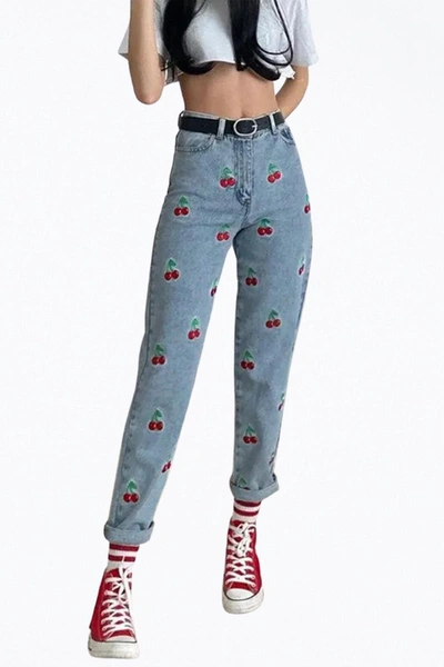Shop Grace & Lace High-rise Cherry-embroidered Tapered Jeans In Light Blue