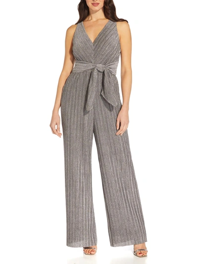 Shop Adrianna Papell Womens Metallic Pleated Jumpsuit In Grey