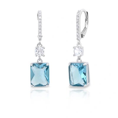 Max + Stone Sterling Silver Emerald Cut 8x10mm Simulated Aqua And White Topaz Leverback Earrings In Blue