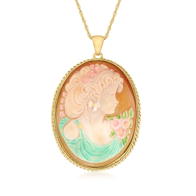 Ross-simons Italian Brown Shell Cameo Portrait Pendant Necklace With Multicolored Enamel In 18kt Gold Over Sterl In Green