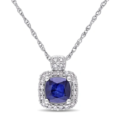 Mimi & Max 1/10 Ct Tw Halo Diamond And Cushion Cut Diffused Sapphire Pendant With Chain In 10k White Gold In Silver