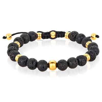 Shop Crucible Jewelry Crucible Los Angeles 8mm Lava And Gold Ip Stainless Steel Beads On Adjustable Cord Tie Bracelet In Black
