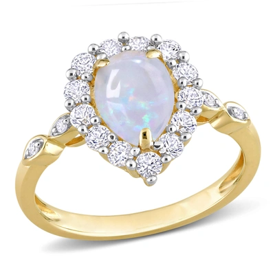Mimi & Max 1 1/2 Ct Tgw Pear Shape Opal And Created White Sapphire And Diamond Accent Halo Ring In 10k Yellow G In Yellow