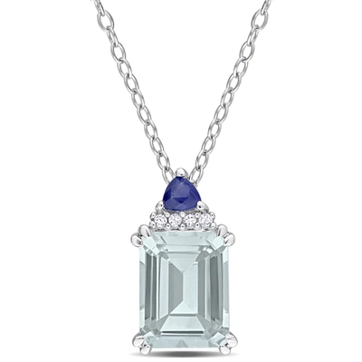 Mimi & Max Womens 2ct Tgw Octagon Aquamarine Trilliant Blue Sapphire And Diamond Accent Necklace In Sterling Si In Blue