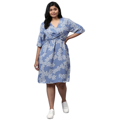 Shop Instafab Plus Women Printed Knee-length Dress In Blue