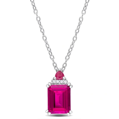 Mimi & Max Womens 3 1/6ct Tgw Octagon Pink Topaz Trilliant Ruby And Diamond Accent Necklace In Sterling Silver In Red