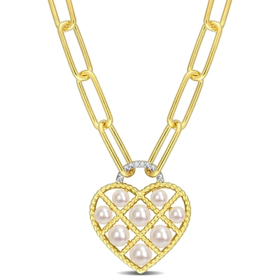 Mimi & Max Freshwater Cultured Pearl & Diamond Accent Heart Paperclip Chain Link Necklace In Yellow Plated Ster In Yellow