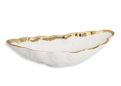 Classic Touch Decor 16.75"l White Porcelain Leaf Shaped Bowl With Gold Border