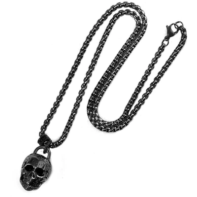 Shop Crucible Jewelry Crucible Los Angeles Black Stainless Steel 25mm Skull Necklace On 24 Inch 4mm Box Chain In Silver