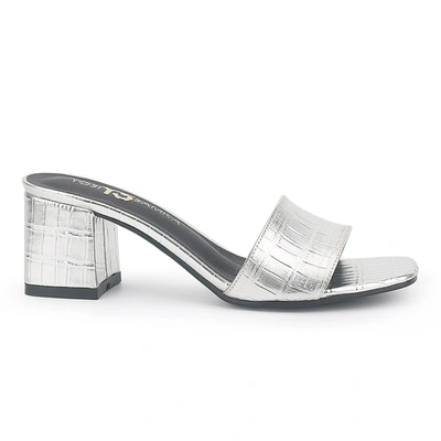 Shop Yosi Samra Danielle Heeled Slide In Silver Croc Print