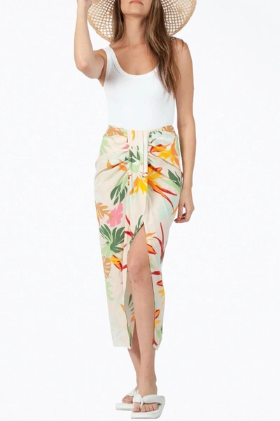 Shop Lucca Floral-print Gathered Sarong Skirt In White Tropical In Multi