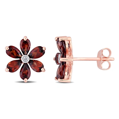 Mimi & Max 3 1/4 Ct Tgw Garnet And Diamond Accent Floral Stud Earrings In 10k Rose Gold In Pink