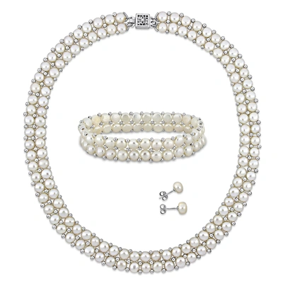 Mimi & Max Women's 3pc Set Of 6-8mm Freshwater Cultured Pearl Necklace Double Row Bracelet And Stud Earrings W/ In Silver