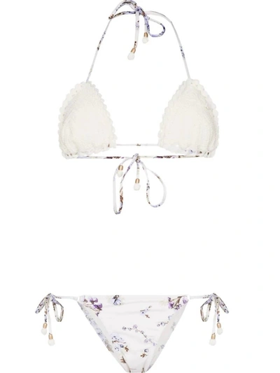 Shop Zimmermann Mini Jude Crochet Triangle Cup Two Piece Bikini In Lilac Floral In White