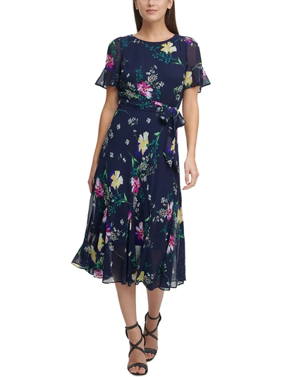 Shop Dkny Petites Womens Floral Print Calf Midi Dress In Blue