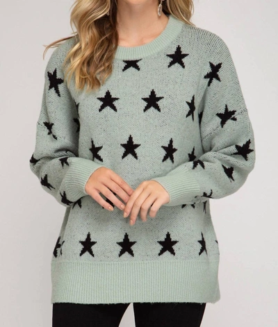 She + Sky Star Print Slate Tunic Sweater In Green In Green