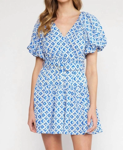 Shop Entro V-neck Puff Sleeve Mini Dress In Blue Geo Print