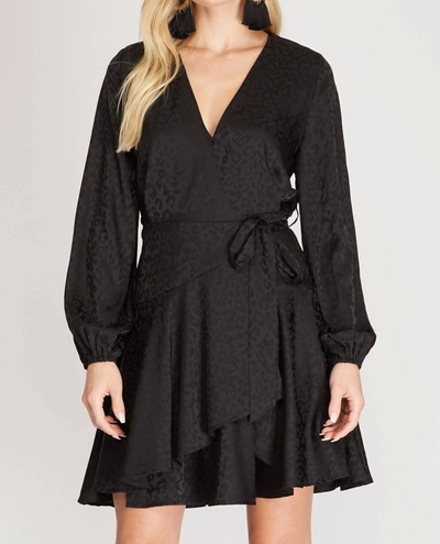 Shop She + Sky Leopard Satin Jacquard Wrap Dress With Flare Hem In Black