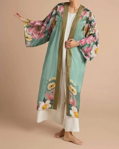 Shop Powder Impressionist Floral Kimono Gown In Teal In Blue