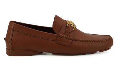 Shop Versace Calf Leather Loafers Men's Shoes In Brown