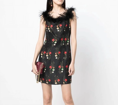 Shop Rixo London Floral-print Feather-trim Mini Dress In Black