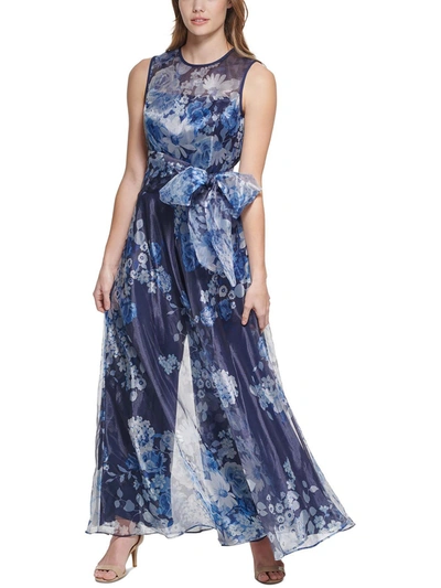 Shop Eliza J Womens Floral Print Sheer Jumpsuit In Blue