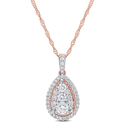 Mimi & Max 1/2 Ct Tw Diamond Halo Teardrop Pendant With Chain With Chain In 14k Rose Gold In Silver