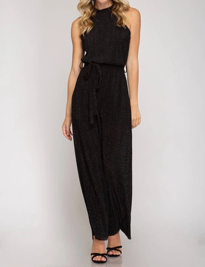She + Sky Lurex Halter Jumpsuit In Black In Black