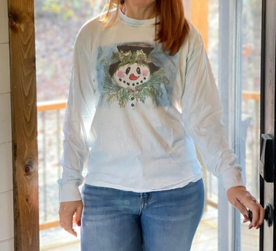 Shop A Rare Bird Happy Snowman Long Sleeved Tee In White In Blue