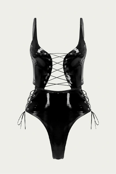 Shop Firebody Lace-up Patent Leather Thong Bodysuit In Black