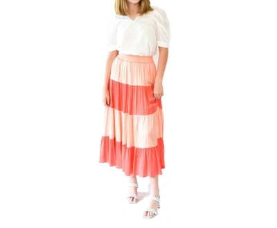 Shop Emily Mccarthy Tiered Maxi Skirt In Apricot Colorblock In Pink