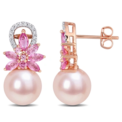 Mimi & Max 9-9.5 Mm Pink Cultured Freshwater Pearl And Pink Sapphire And 1/8 Ct Tw Diamond Flower Drop Earrings In Pink
