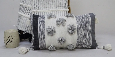 Vibhsa Melange Striped Throw Pillow With Large Poms And Tassels