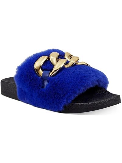 Shop Inc Percita Womens Faux Fur Flats Slide Slippers In Blue
