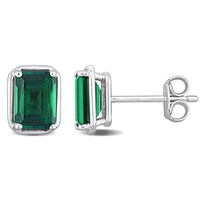 Mimi & Max Women's 1 4/5ct Tgw Created Emerald Bezel Style Emerald Cut Stud Earrings In Sterling Silver In Green