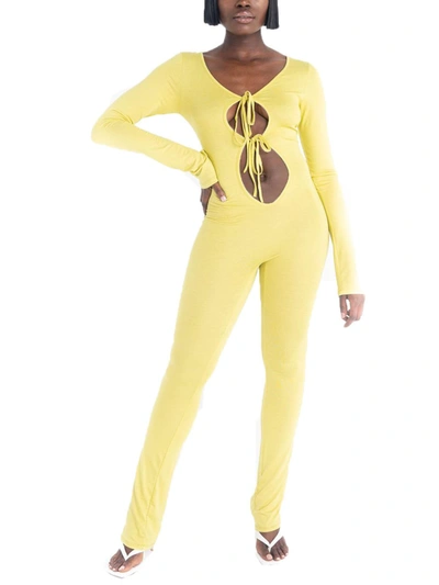 Shop Grayscale Womens Keyholes Drawstring Closure Jumpsuit In Yellow