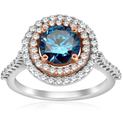 Pompeii3 2.10ct Double Halo Blue Diamond 14k Rose & White Gold Halo Engagement Ring In White