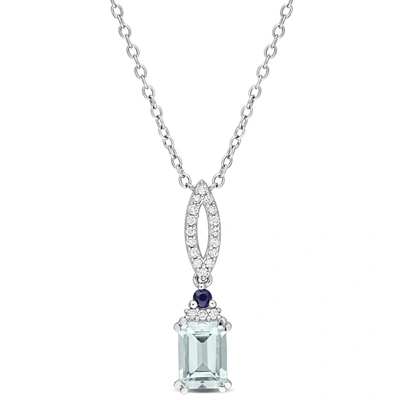 Mimi & Max 1ct Tgw Octagon Aquamarine Blue Sapphire And 1/10ct Tdw Diamond Necklace In Sterling Silver In Blue