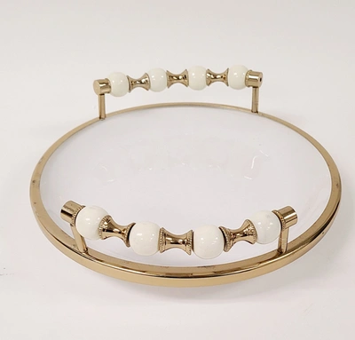 Classic Touch Decor White Flat Round Plate With Gold And White Beaded Design